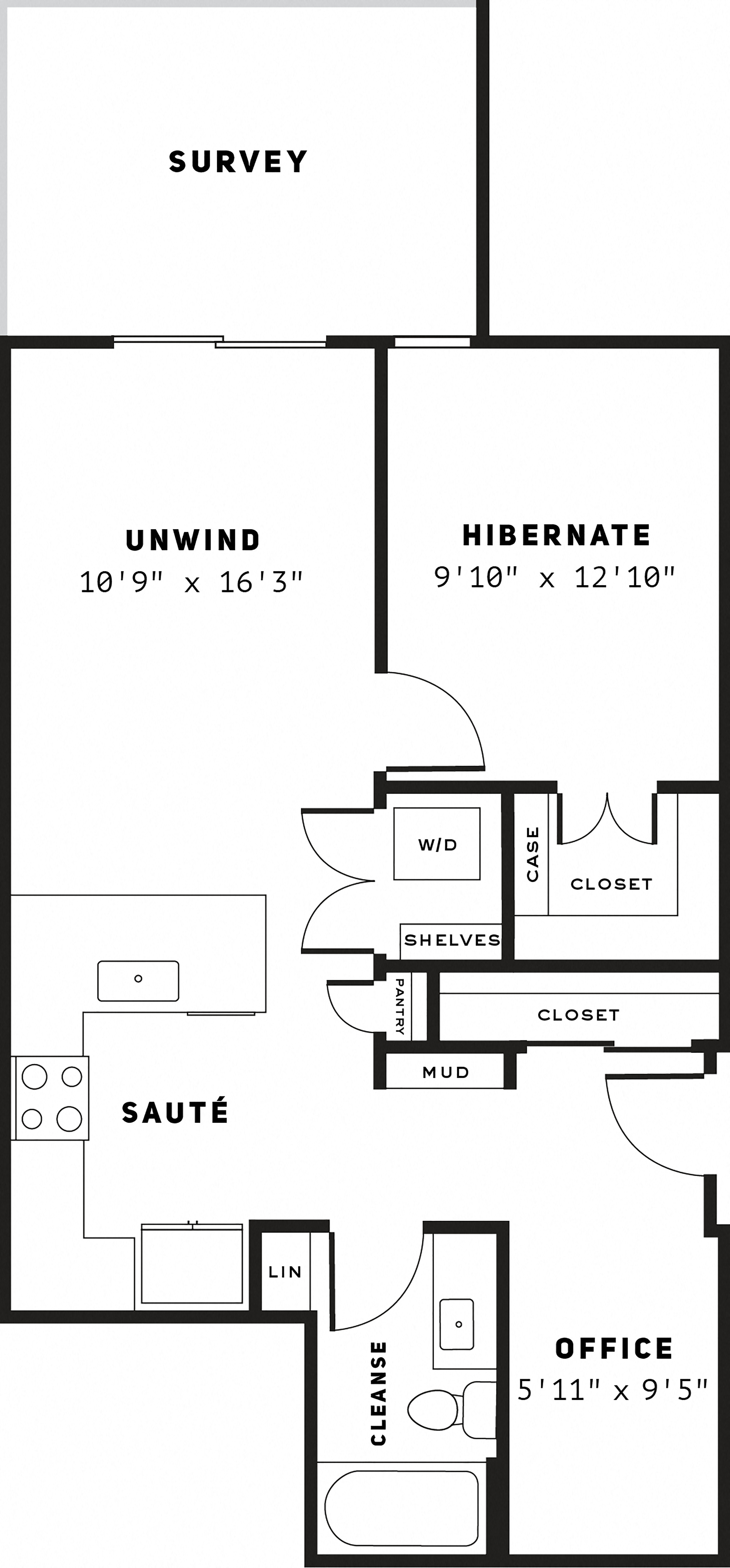 Floor plan for 1 bed, 1 bath, 749 sqft